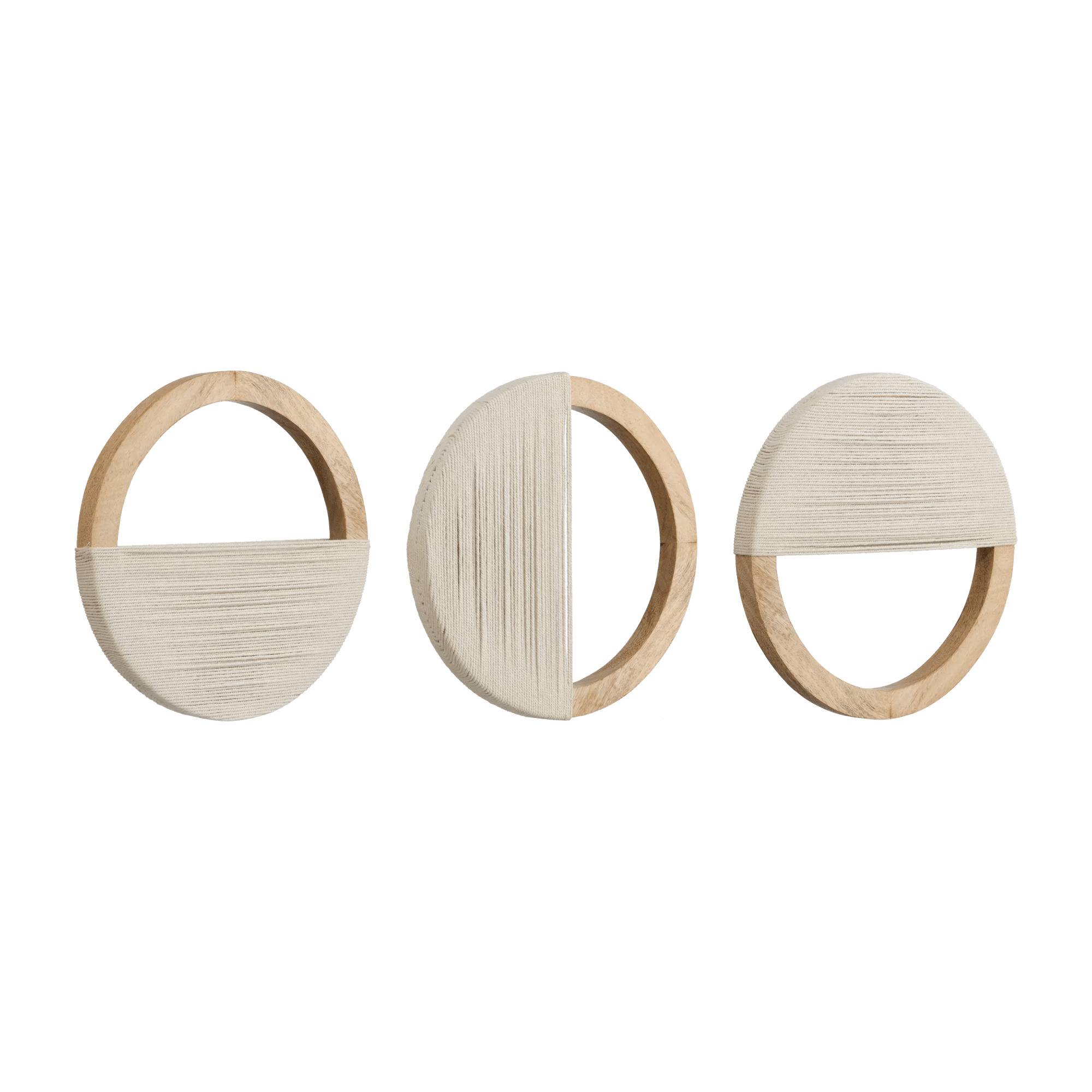 Ensemble de 3 décorations murales cercles en bois de manguier et corde