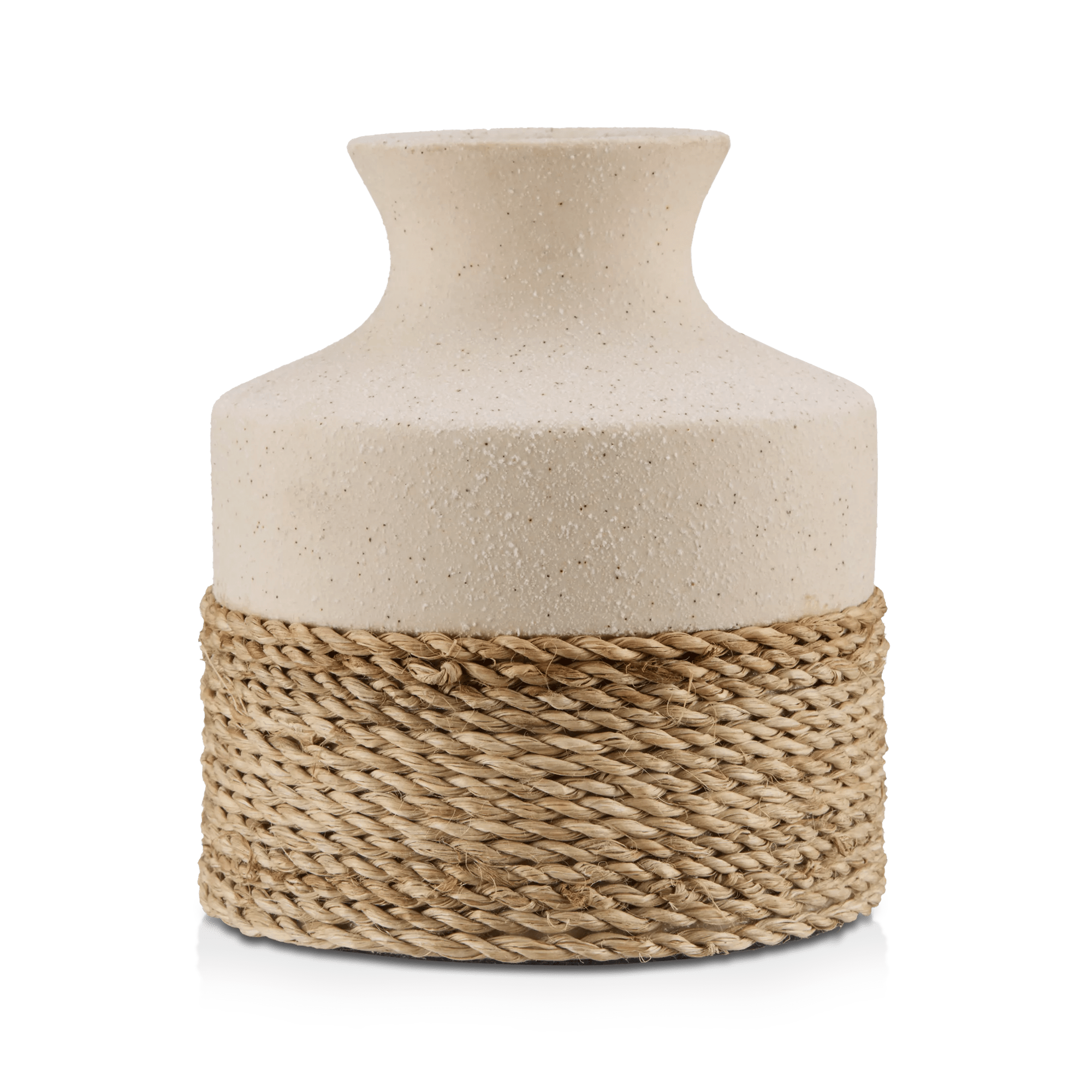 Vase en céramique mouchetée et en rotin