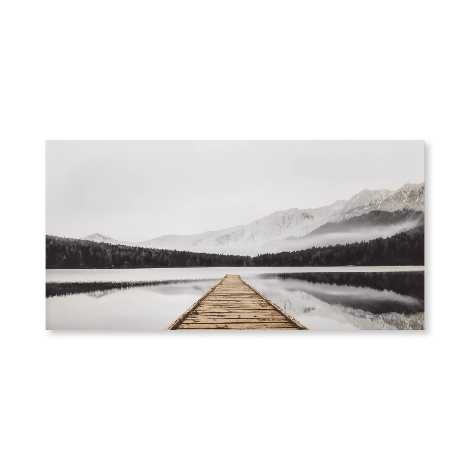 Tableau imprimé d'un quai avec vue sur montagnes