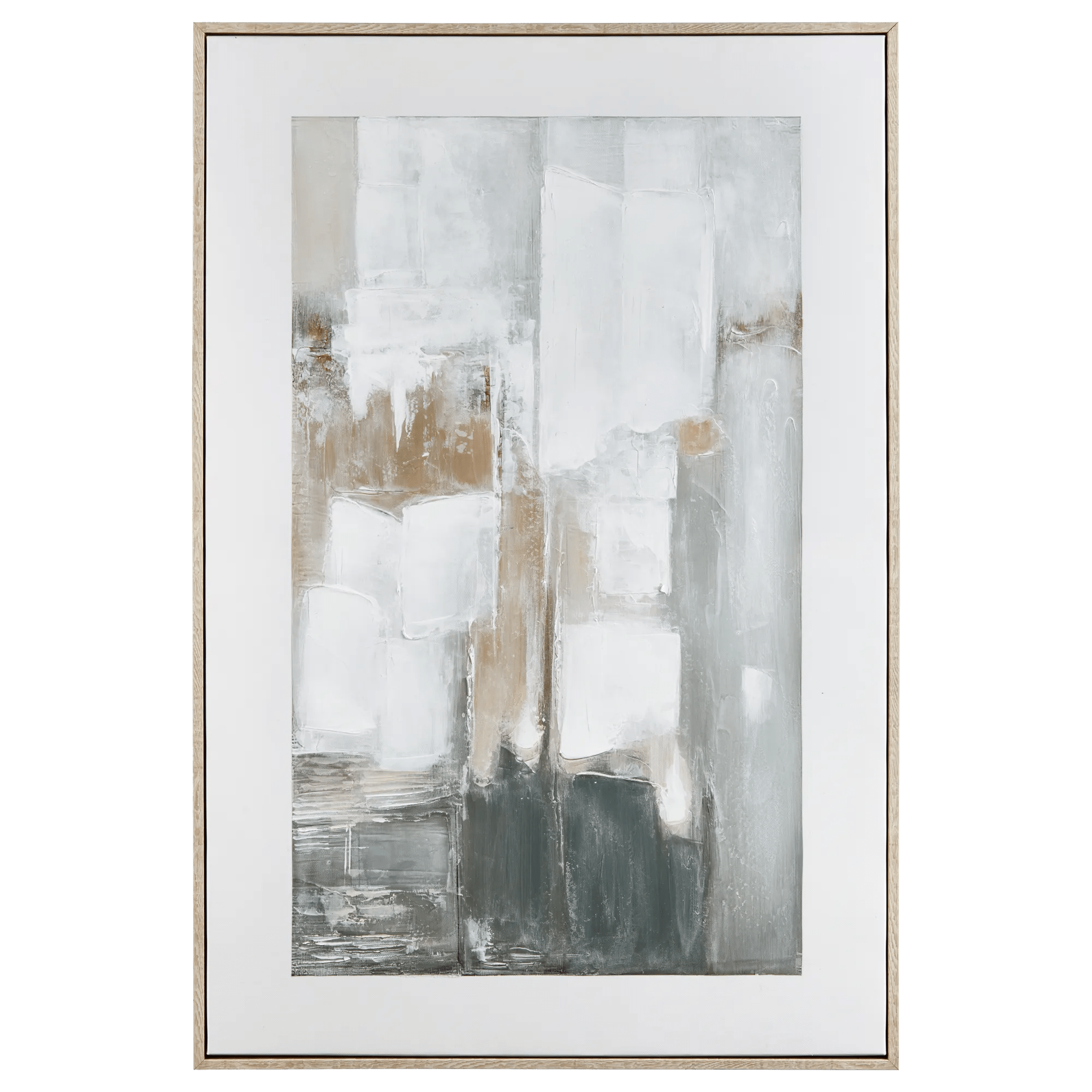 Tableau encadré peint à l'huile abstraite sauge et naturel