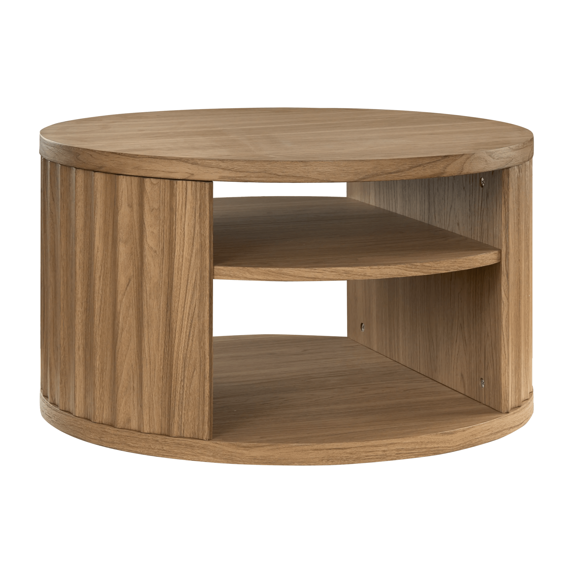 Table basse ronde en bois nervuré avec étagère