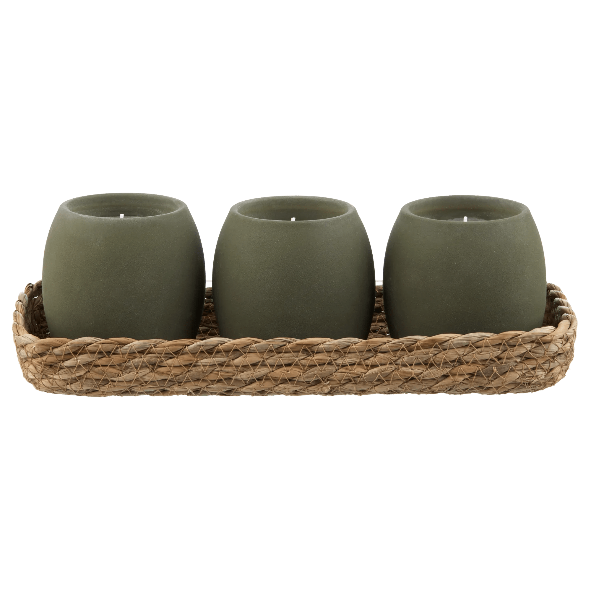 Ensemble de 3 bougies vertes avec plateau en corde
