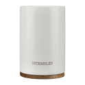 White Ceramic Ustensil Holder with Wooden Base