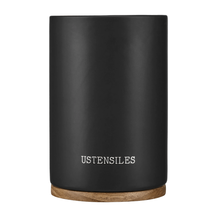 Black Ceramic Ustensil Holder with Wooden Base